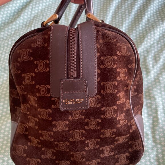 CELINE VINTAGE BOSTON BAG BROWN SUEDE WITH LOGO PRINT - Picture 2 of 7